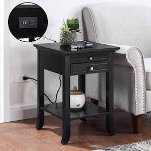 American Heritage Logan 18 in. W Black Square MDF 1 Drawer End Table with Charging Station and Pull-Out Shelf