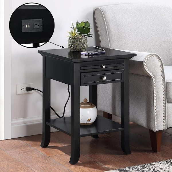 Convenience Concepts American Heritage Logan 18 in. W Black Square MDF 1 Drawer End Table with Charging Station and Pull-Out Shelf