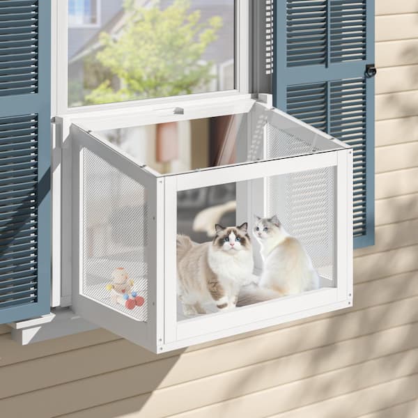 VEIKOUS Cat Window Box, Catio Outdoor Cat Little Box Enclosure Window with Adjustable Honeycomb Curtain