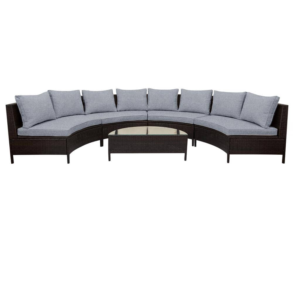 Brown 5-Piece Wicker Outdoor Sectional Sofa Set with Gray Cushions and Glass Table -  Cesicia, jinx5SOFA001