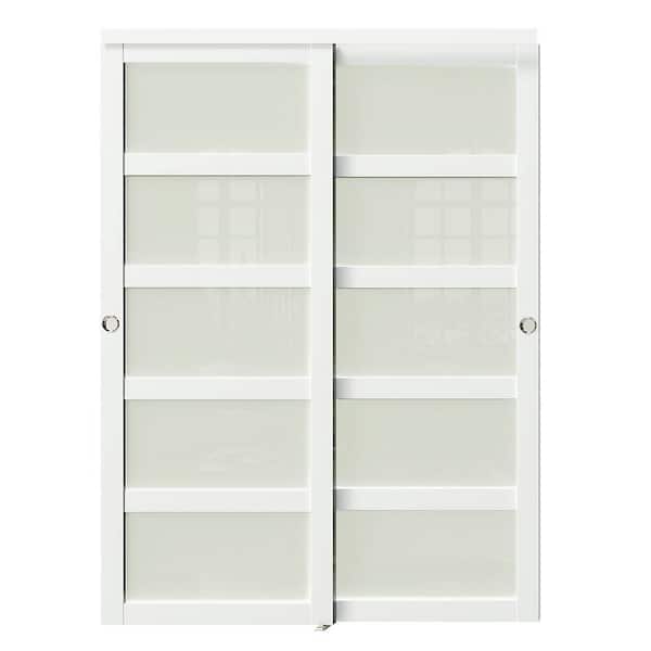 72 in. x 80 in. MDF, Solid Core, White Double Slide, 5-Lites Frosted Glass Sliding Door with Handle & All Hardware