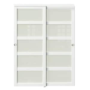 72 in. x 80 in. MDF, Solid Core, White Double Slide, 5-Lites Frosted Glass Sliding Door with Handle & All Hardware