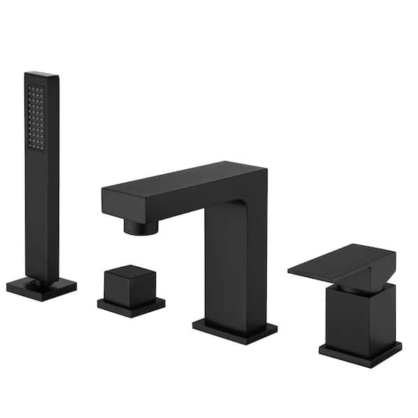 AIMADI Single-Handle Deck-Mount Roman Tub Faucet with Hand Shower Modern Brass 4-Hole Tub Fillers in. Matte Black