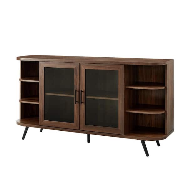 Welwick Designs Dark Walnut Wood and Fluted Glass Mid-Century Modern Curved 2-Door Sideboard