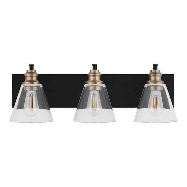 Hampton Bay Manor 24 in. 3-Light Matte Black Industrial Bathroom Vanity Light with Vintage Brass Accents and Clear Glass Shades