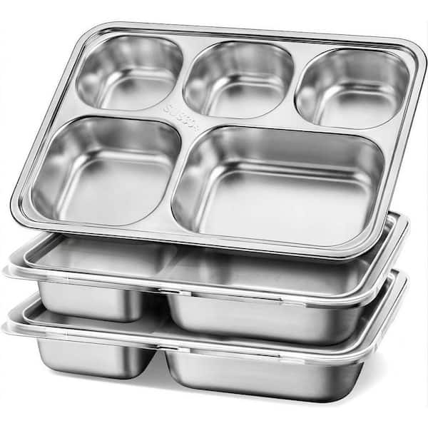 5 Compartment Stainless Steel Divided Bento Snack Containers with Clear Plastic Lids for Solid Food, 3 Pack