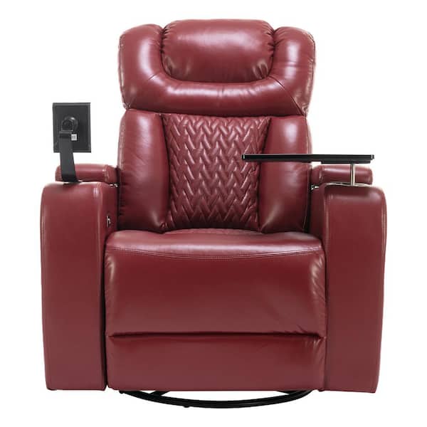 270 Degree Swivel Red PU Leather Recliner with Phone and Cup Holder, Hidden Arm Storage and USB Port