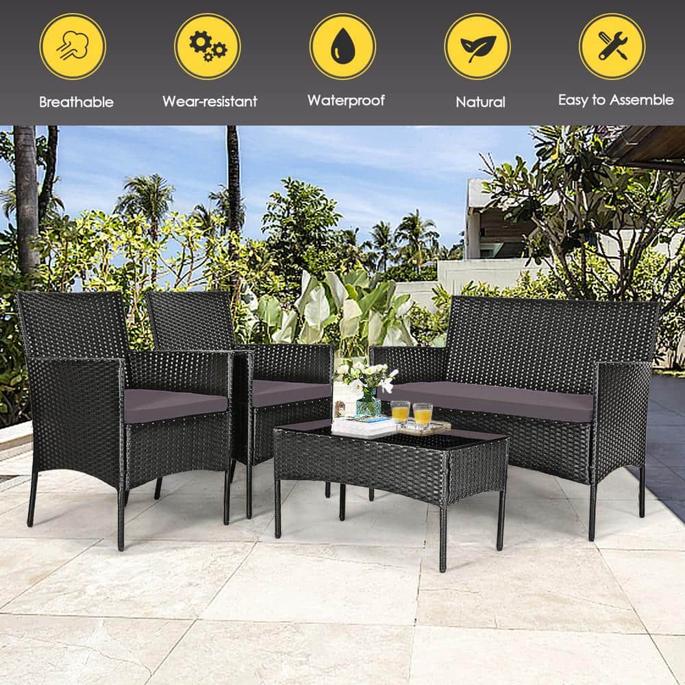 Gray and Off-White 4-Person Rattan Outdoor Sofa Set with Tempered Glass Table