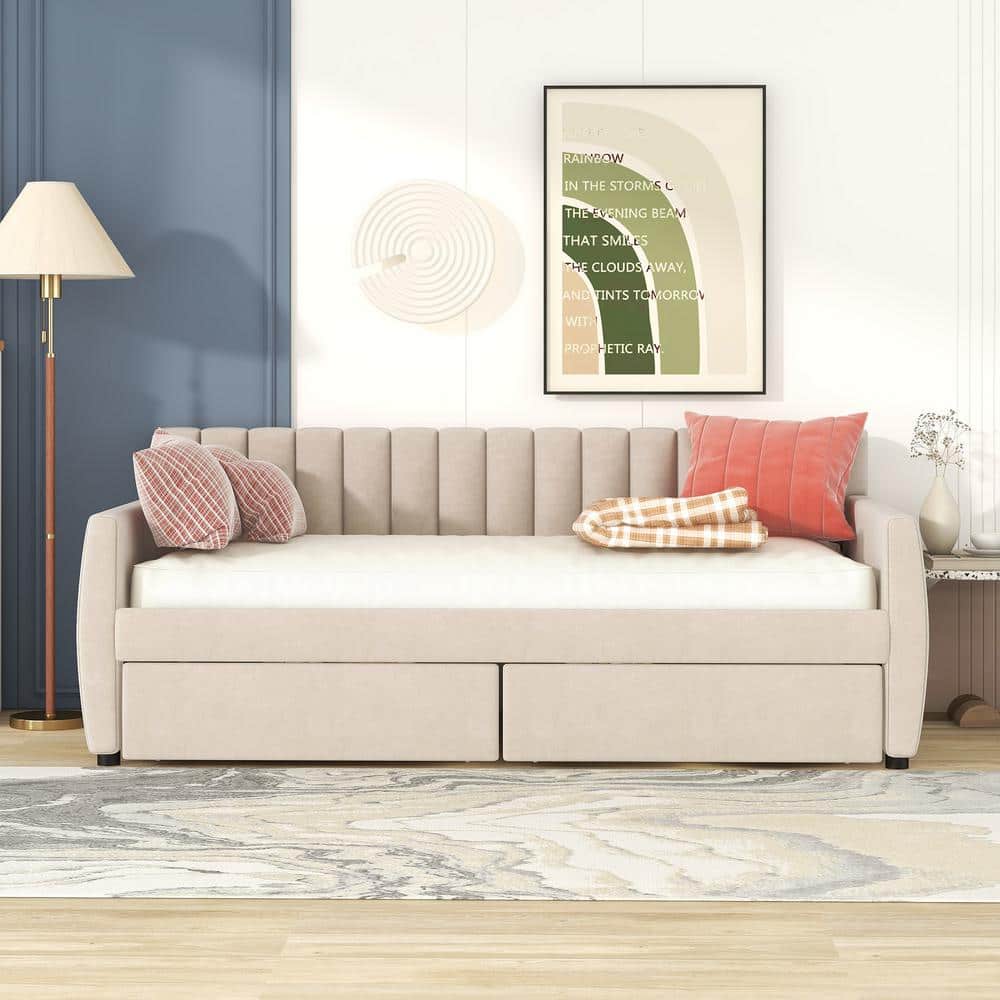 Beige Twin Size Velvet Tufted Upholstered Daybed Sofa Daybed Frame with ...