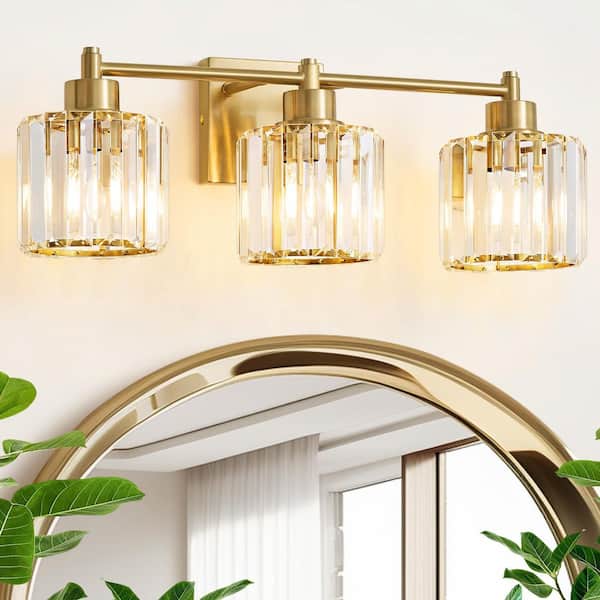 Modern Luxury 22 in. 3-Light Gold Dimmable Bathroom Vanity Light with Crystal Shades