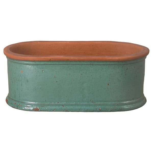 Emissary Window Box 28.5 in. L x 15 in. W x 15 in. H Teal Ceramic Oval Planter with Drainage Hole