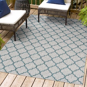 Arabesque Ogee Trellis Gray/Teal 3 ft. x 5 ft. Indoor/Outdoor Area Rug