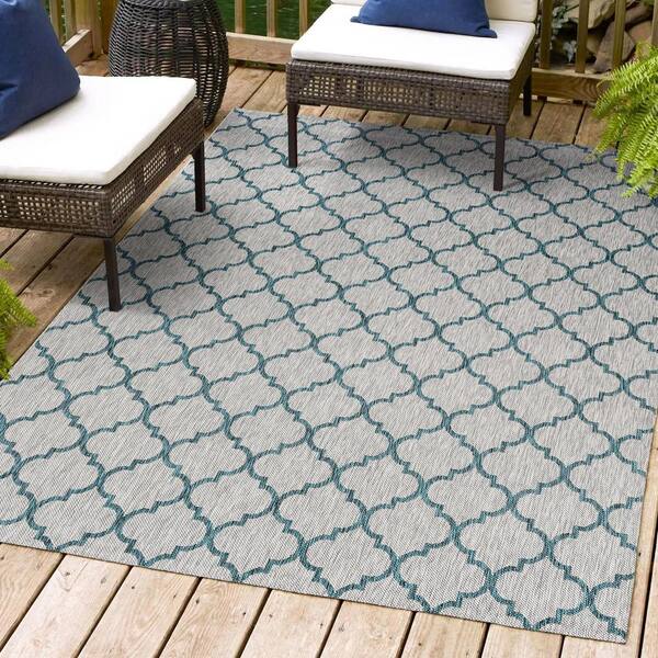Arabesque Ogee Trellis Gray/Teal 3 ft. x 5 ft. Indoor/Outdoor Area Rug