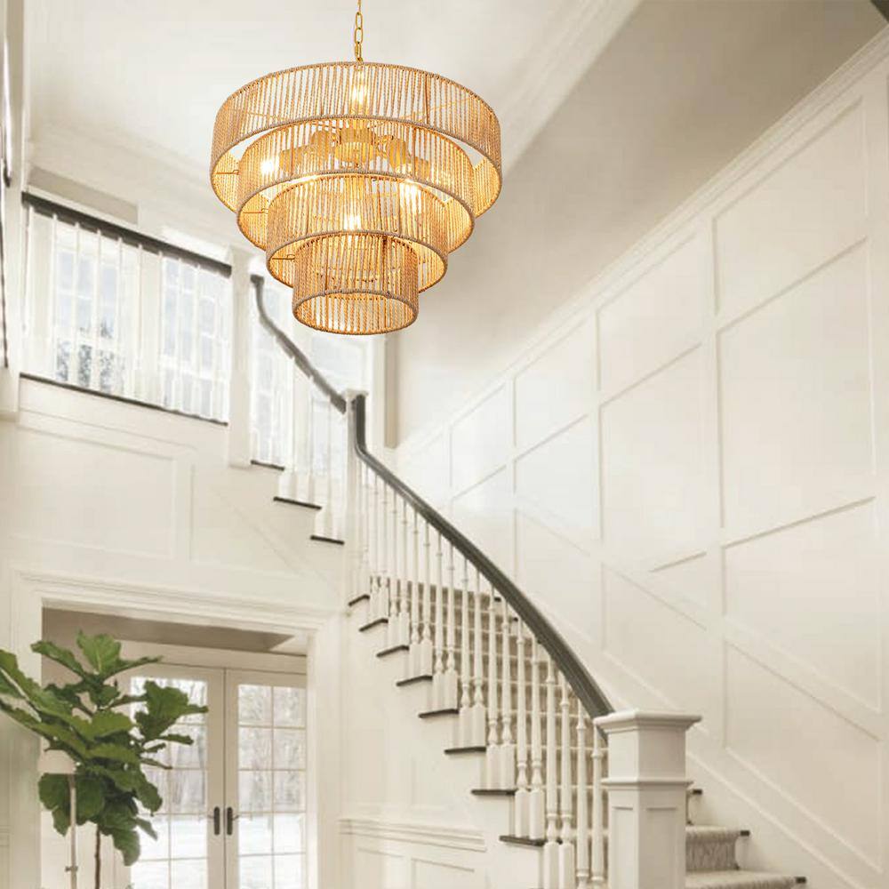 Brass and Rattan Tiered Geometric Pendant Light