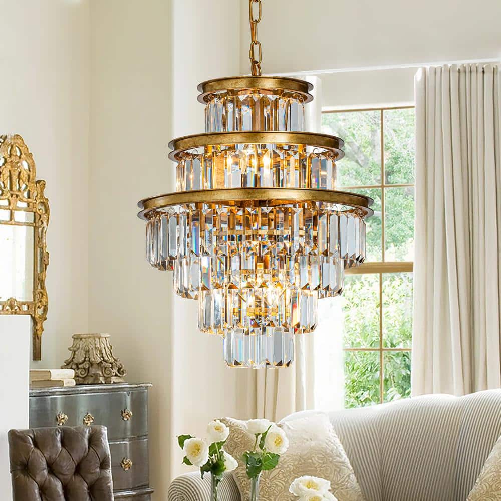 16 in. 4-Light W Matte Gold Modern Glam Round Tier Fringe Crystal Chandelie