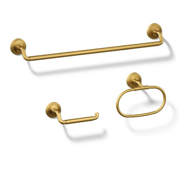 Paces 3-Piece Bath Hardware Set Towel Bar, Toilet Paper Holder and Hand Towel Holder in Vibrant Brushed Moderne Brass