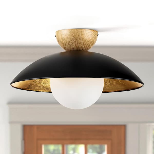 Rennnsan Dylan 14.56 in. 1-Light Matte Black with Brushed Gold Semi-Flush Mount Light