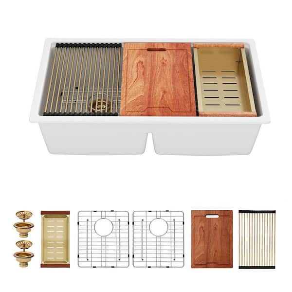 33 in. White Undermount Sink Low Divide 50/50 Double Bowl Quartz/Granite Composite Workstation Kitchen Sink