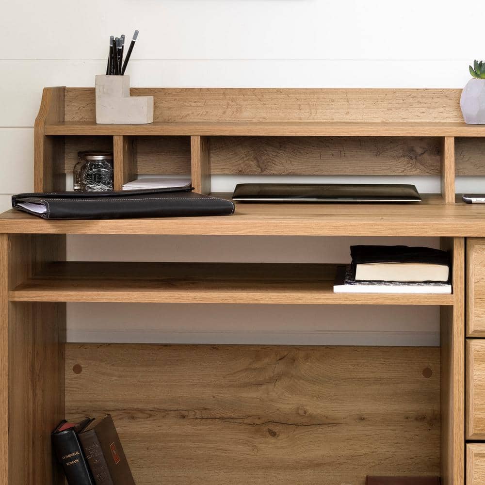 Nordik Oak Wood Computer Desk with Hutch and Drawers