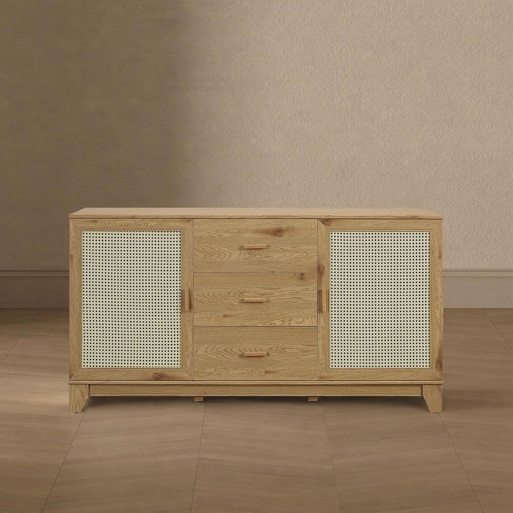 Sheridan Nature MDF 59.05 in. Modern Cane Sideboard with Adjustable Shelves
