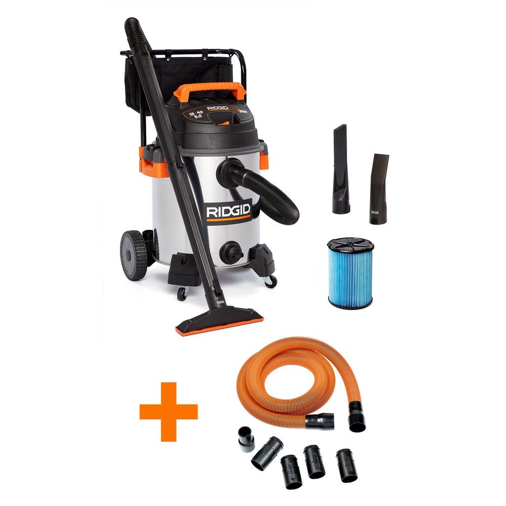 RIDGID 16 Gal. 6.5 Peak HP Stainless Steel Shop Vacuum WD1956B Wet Dry Vac with Fine Dust Filter, 10 ft. Pro Hose, Accessories