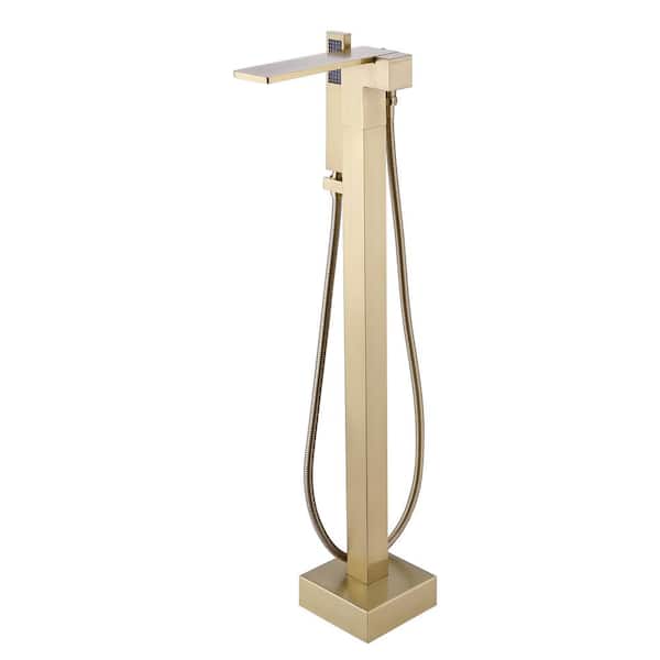 Tomfaucet Single-Handle Floor Mount Waterfall Freestanding Tub Faucet with Hand Shower in Brushed Gold