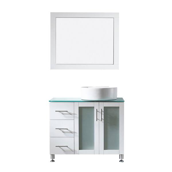 ROSWELL Tuscany 36 in. Vanity in White with Glass Countertop with White Vessel Sink With Mirror