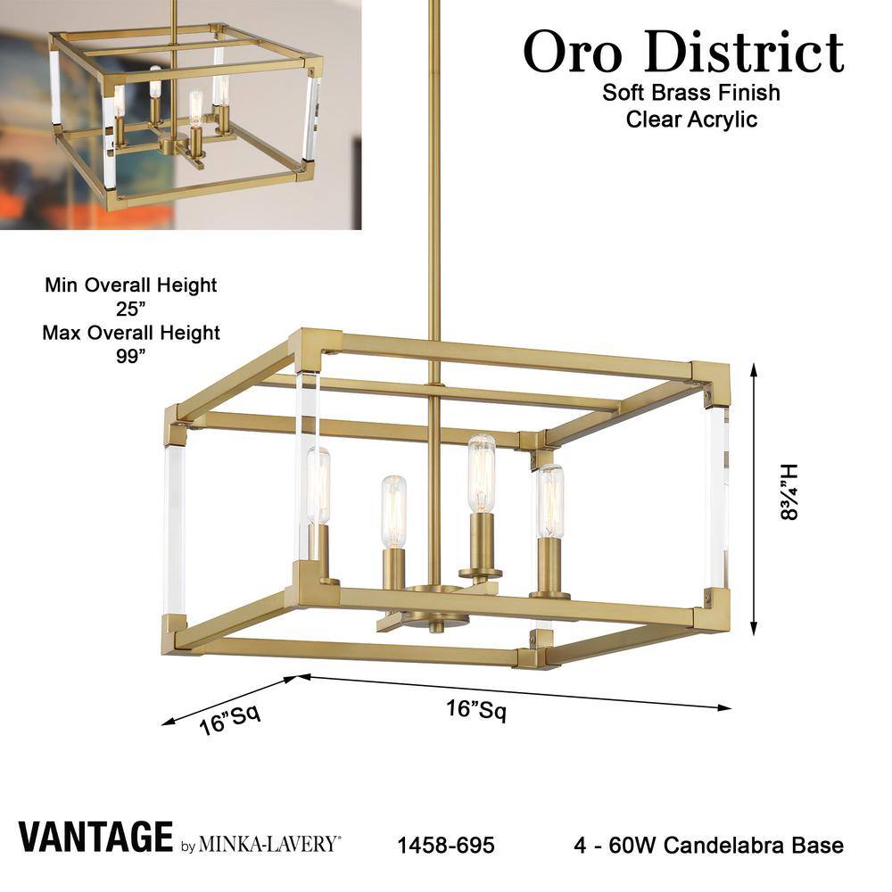 Oro District Soft Brass 4-Light Rectangular Pendant