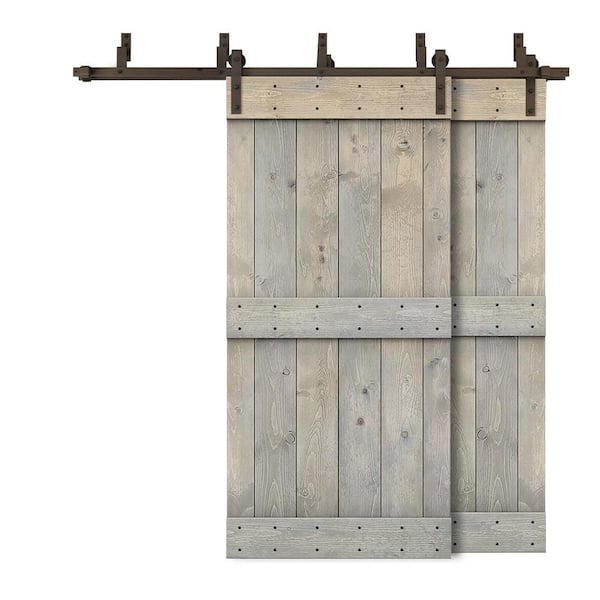 CALHOME 80 in. x 84 in. Mid-Bar Bypass Smoke Gray Stained DIY Solid Wood Interior Double Sliding Barn Door with Hardware Kit