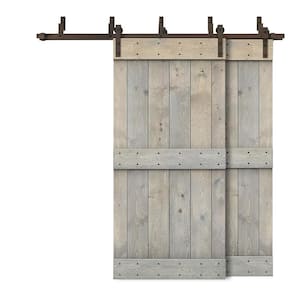 96 in. x 84 in. Mid-Bar Bypass Smoke Gray Stained DIY Solid Wood Interior Double Sliding Barn Door with Hardware Kit