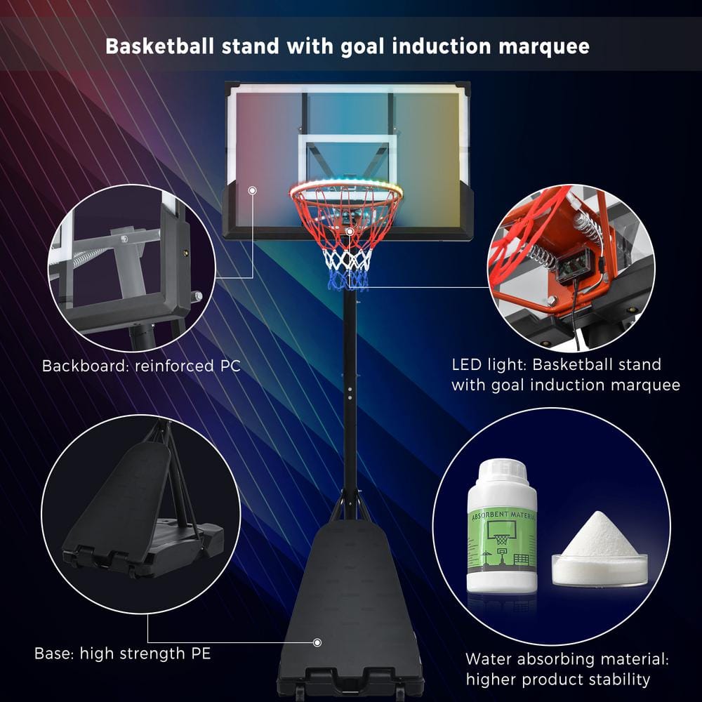 Adjustable Black Portable Basketball Hoop System with LED Lights