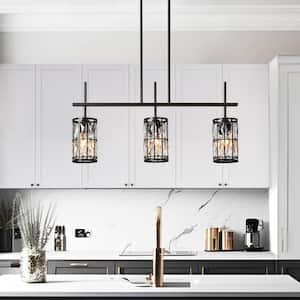31.5 in. 3-Light Modern Black Linear Chandelier with Glam Crystal Glass Shades for Dining Room Island Pendant Light