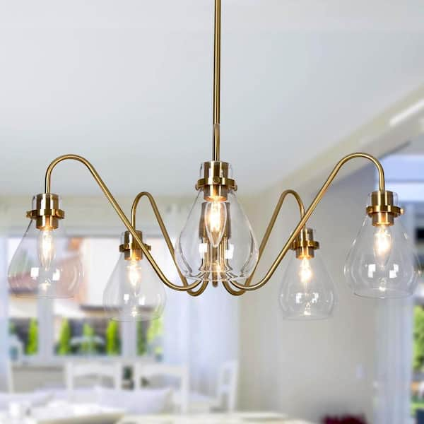 Uolfin Newbury 5-Light Modern Brass Gold Chandelier with Clear Glass ...