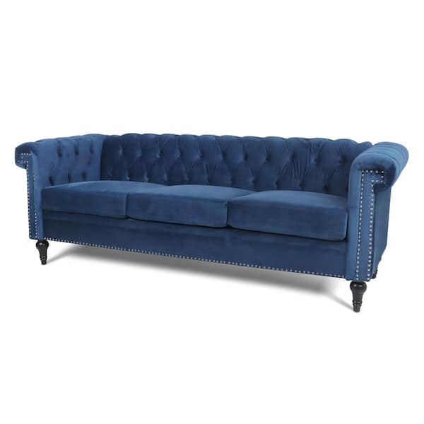 ANBAZAR 82.5 in. Square Arm Velvet Chesterfield Straight Sofa with Removable Cushion in Blue (3-Seater)