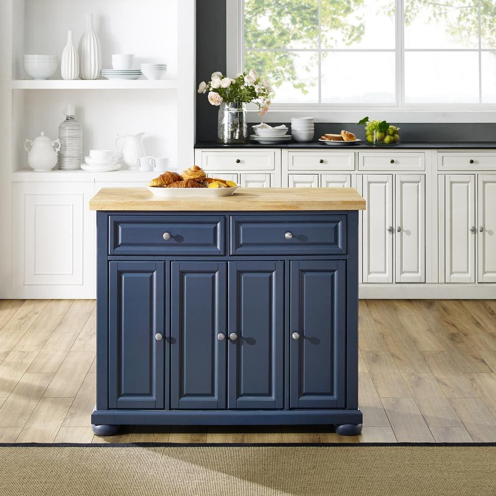 Navy Solid Wood Butcher Block Kitchen Island with Storage