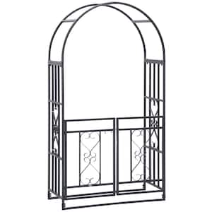 45 in. x 81 in. Black Metal Garden Arch Arbor Trellis with Double Doors, Locking Gate, Climbing Vine Frame Heart Motifs