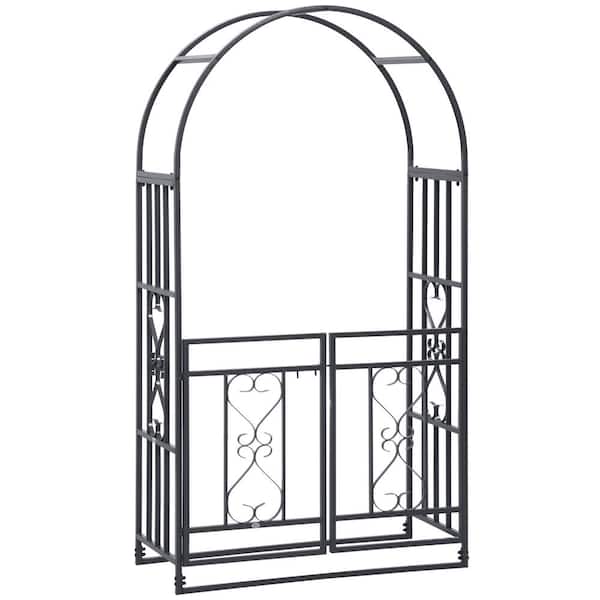 Tenleaf 45 in. x 81 in. Black Metal Garden Arch Arbor Trellis with Double Doors, Locking Gate, Climbing Vine Frame Heart Motifs