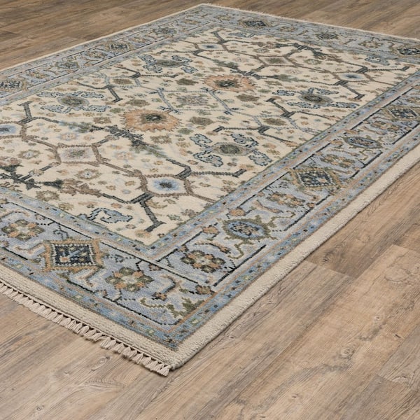 Majestic Ivory/Blue 9 ft. x 12 ft. Border Oriental Floral Hand-Knotted Wool Fringed-Edge Indoor Area Rug