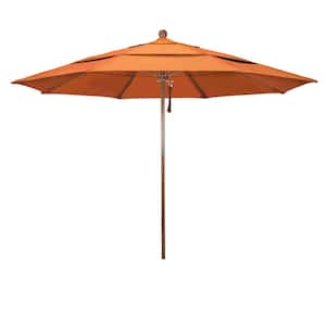 11 ft. Woodgrain Aluminum Commercial Market Patio Umbrella Fiberglass Ribs and Pulley Lift in Melon Sunbrella