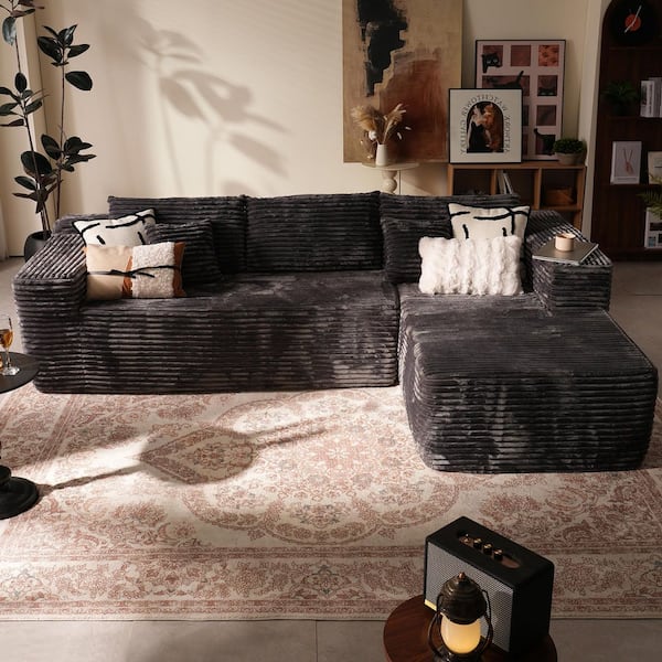 Allwex Verve 106 in. Square Arm 2-Piece Modern Plush Corduroy Fabric L-Shape Modular Sectional Sofa in Gray with Right Chaise