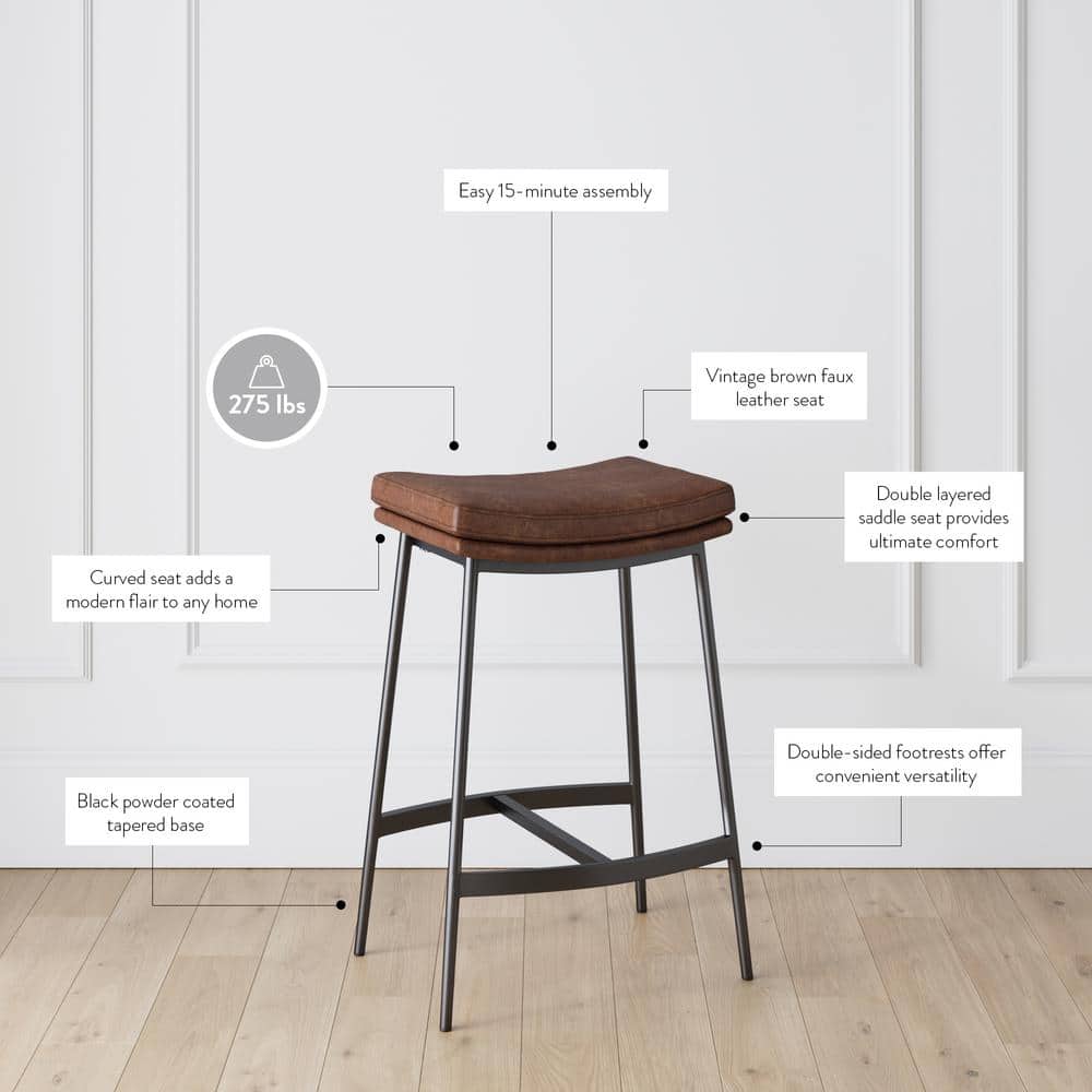 Vintage Brown-Matte Black Backless Saddle Leather Barstool