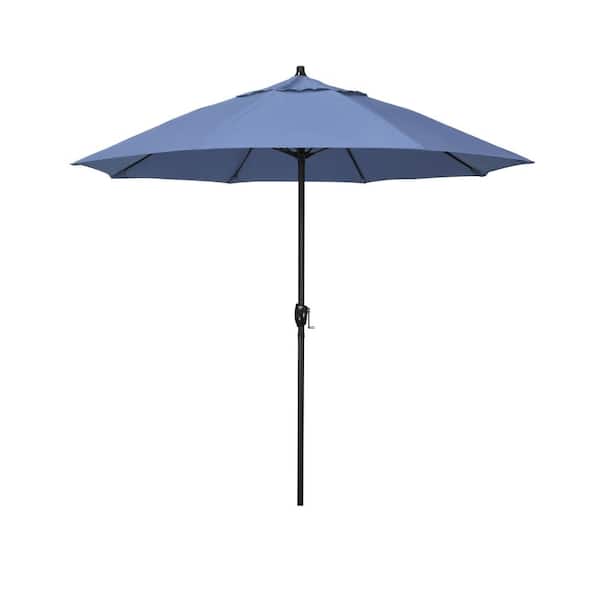 California Umbrella 7.5 ft. Black Aluminum Market Patio Umbrella Fiberglass Ribs and Auto Tilt in Frost Blue Olefin