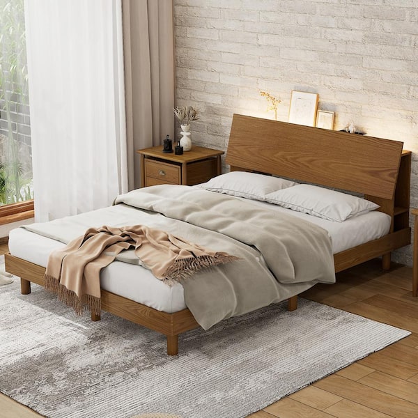 Polibi Brown Wood Frame Queen Size Platform Bed with Led Lights and USB Port