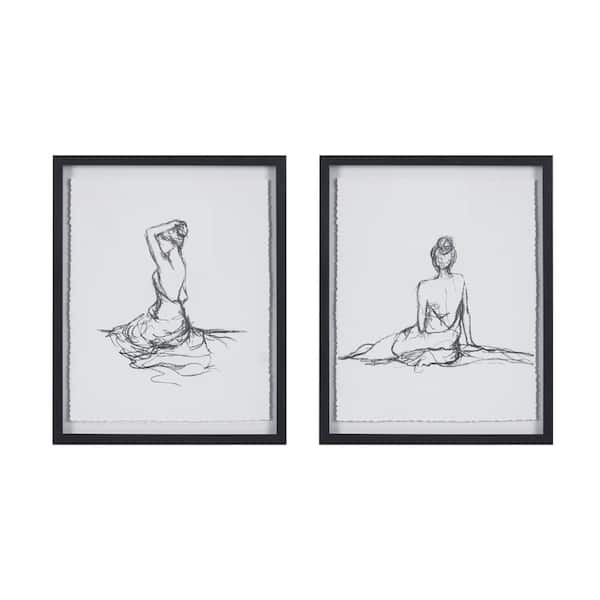 Feminine Figures Black/White Sketch 2-piece Framed Glass and Matted Wall Art Set 17 in. W x 21 in. H x 1.05 in. D (2)