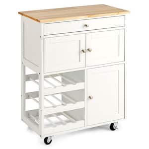 White Wooden Rolling Kitchen Cart with 3-Tier Wine Racks and 2-Cabinets