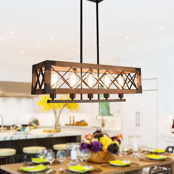 Oaks Aura Vaccari 5-Light Wood Kitchen Island Light Chandelier with Black Iron Cage Frame