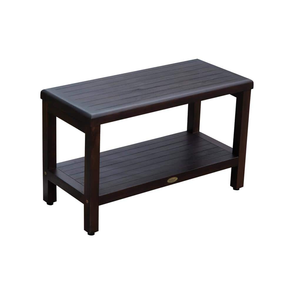 30" Woodland Brown Teak Wood Shower Bench with Shelf