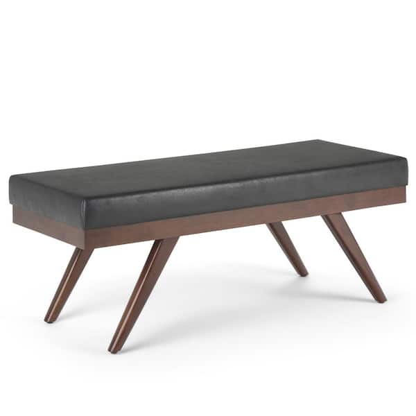 Simpli Home Chanelle 48 in. Wide Mid Century Modern Rectangle Ottoman Bench in Distressed Black Vegan Faux Leather, Assembled