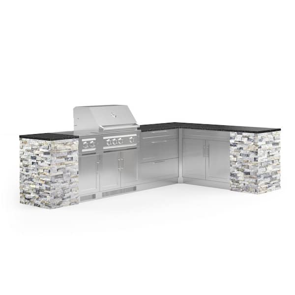 NewAge Products Signature Series Stainless Steel 11-Piece L Shape Outdoor Kitchen Cabinet Set with Natural Gas Platinum 33 in. Grill