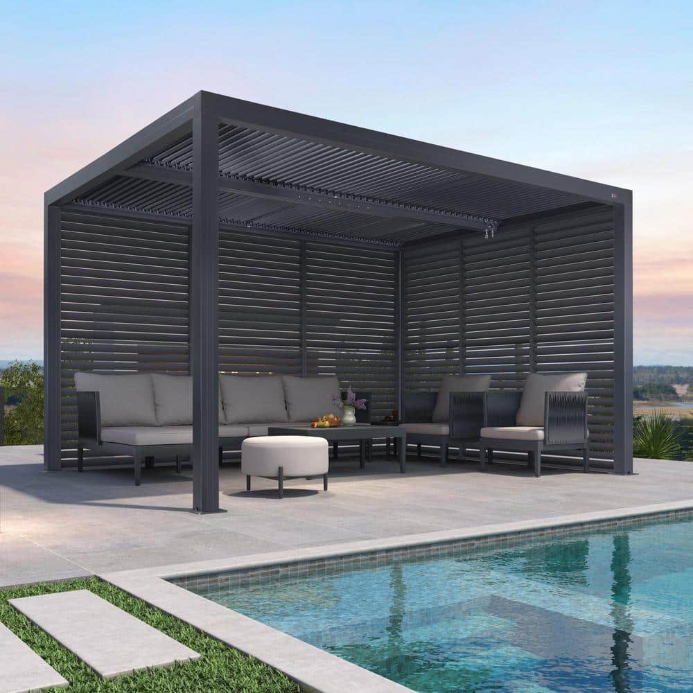 Luxe Short Cover ダークグレー（LUX-SHC-DG） PURPLE LEAF 11 ft. x 13 ft. Gray Aluminum Louvered Pergola with 2